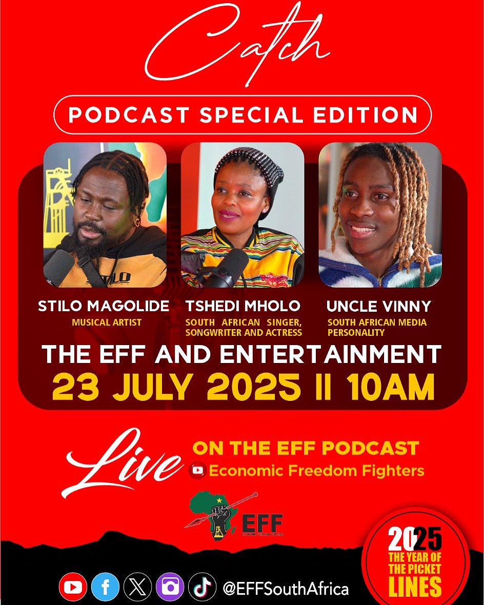 EFFSouthAfrica's tweet image. ♦️Happening Today♦️
Head over to our YouTube Channel today at 10H00 to watch the #EFFPodcast Special Edition — a dynamic and thought-provoking conversation featuring Stilo Magolide, Tshedi Mholo, and Uncle Vinny, as they engage with Fighter Lebohang Mojapelo on the intersection…