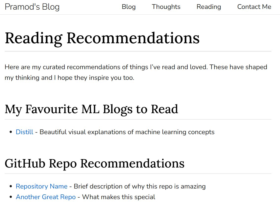 goyal__pramod's tweet image. Working on a small reading section where I will add my favourite niche blogs, repos, tutorials, and books.
That aren't very popular but extremely helpful.
