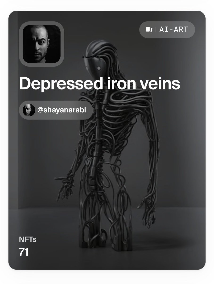 ShayanArabi.ᴱᵀᴴ (@shayanarabi) on Twitter photo GM GM #nftfam
My bro thanks for supporting <a href="/Ullimike2112/">Everyday Dolores</a> 👉🫂👈
Depressed iron vines on <a href="/foundation/">Foundation 🌐</a>
71/222 minted only 0.007 $eth
foundation.app/mint/eth/0xdc2… GM GM #nftfam
My bro thanks for supporting <a href="/Ullimike2112/">Everyday Dolores</a> 👉🫂👈
Depressed iron vines on <a href="/foundation/">Foundation 🌐</a>
71/222 minted only 0.007 $eth
foundation.app/mint/eth/0xdc2…