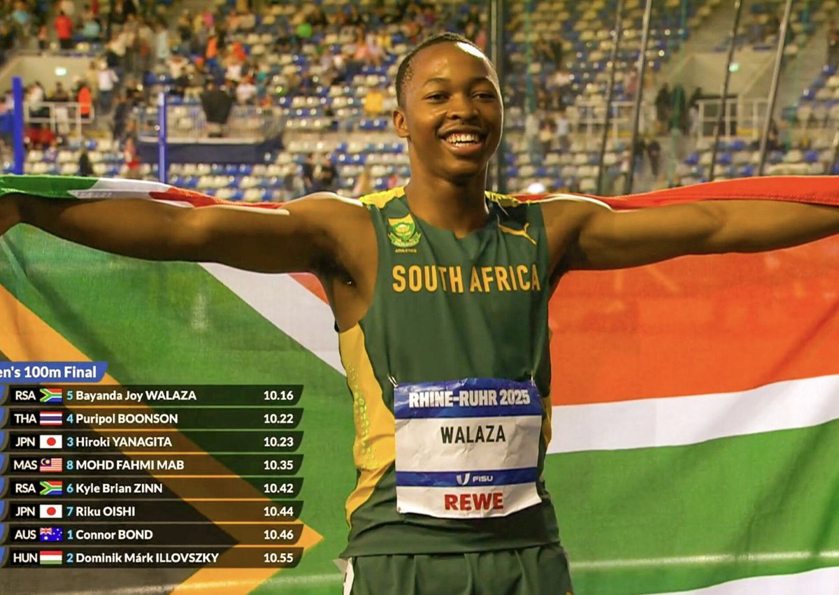 ChampionSAfrica's tweet image. Champion Spotting Bayanda Walaza Gold medal winner in the Men's 100m at the 2025 World University Games.
#ChampionSouthAfrica