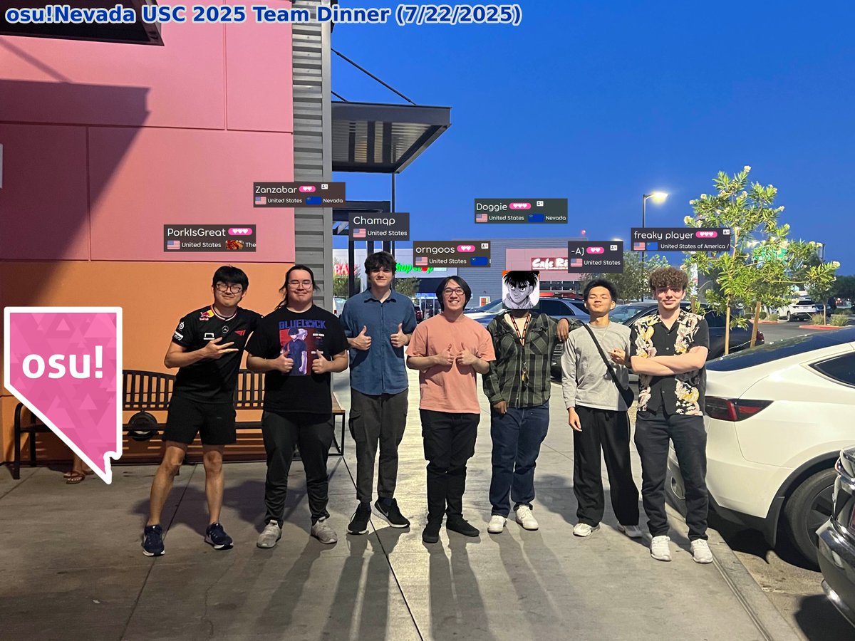 osu! United States Cup 2025 Nevada Team Dinner

Next year we will get Top 16 and I won't get the team to yell at me for paying their dinner. It's been fun coaching these guys! Nevada 🔛🔝

<a href="/orngoos/">orngoos</a> <a href="/ZanzabarOsu/">ZanzabarOsu 🍓💉</a> <a href="/CamUnholy/">Cam</a> <a href="/rileytekk1/">r</a> <a href="/_4hhjj/">-AJ</a> <a href="/chamqp/">Chamqp</a>