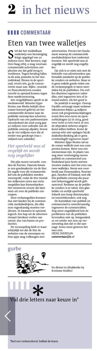 Moet de publieke omroep meer ruimte krijgen voor commerciële activiteiten? Commentaar van <a href="/lc_nl/">Leeuwarder Courant</a>