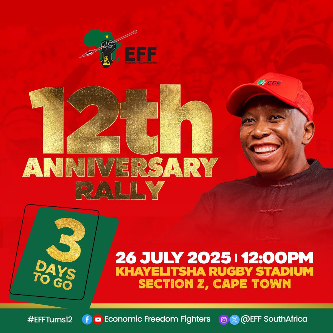EFFSouthAfrica's tweet image. ♦️03 Days To Go♦️
In just 3 days, the EFF will host the Festival for the Poor at Khayelitsha Rugby Stadium in Cape Town.
President @Julius_S_Malema will reignite our revolutionary spirit and remind us why, 12 years ago, we took the bold step to form this movement of the people,…