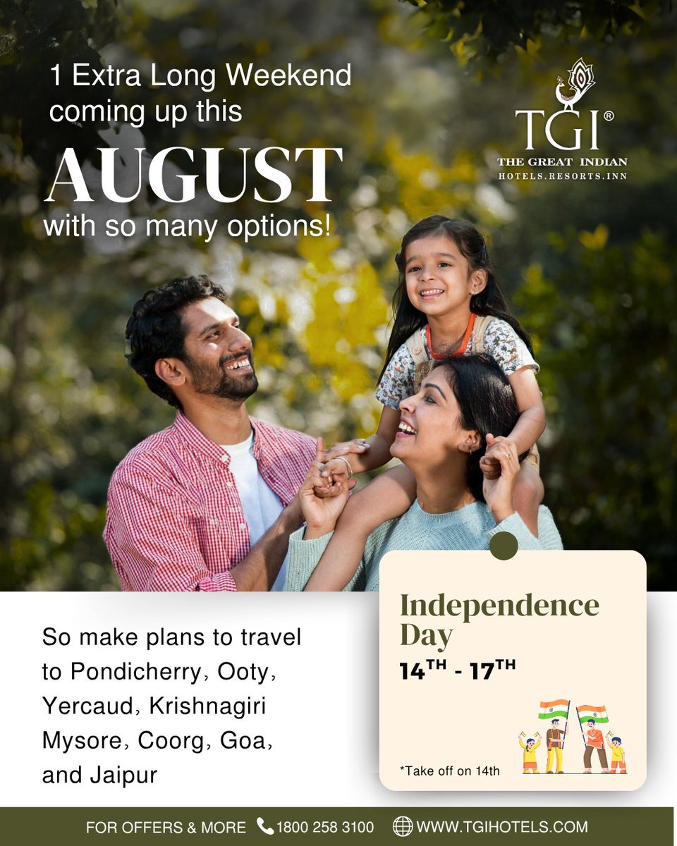 tgi_hotels's tweet image. #LongWeekendAlert Take a break this #IndependenceDay weekend (Aug 14–17) and escape to stunning getaways like #Pondicherry, #Ooty, #Yercaud, #Coorg, #Krishnagiri, #Mysore, #Goa &amp;amp; #Jaipur.
Celebrate India, the scenic way. 👉 tgihotels.com
#ExperienceTGI #TravelIndia