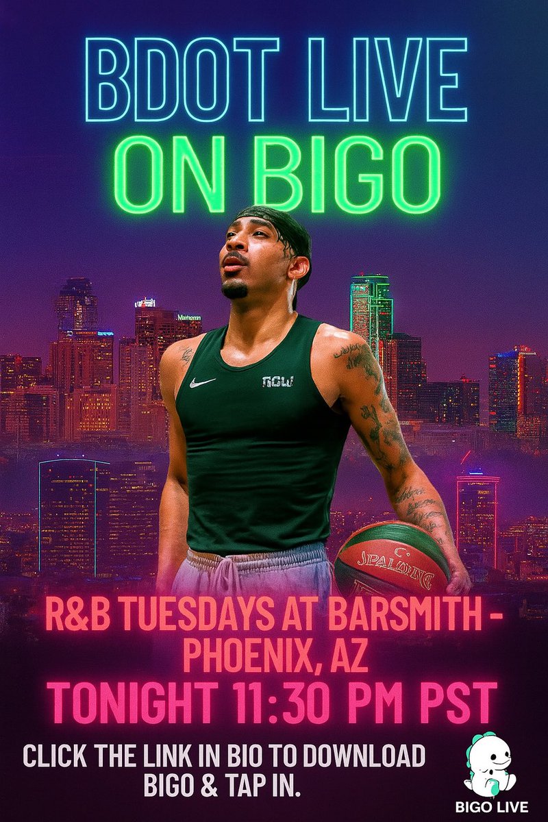 BdotAdot5's tweet image. Going LIVE tonight at 11:30 PM PST on BIGO 📲🔥
R&B Tuesdays at Barsmith in Phoenix — real vibes, real music, live energy.
Click the link to download BIGO & tap in 👉 livestream.onelink.me/ZYcM/USbigoliv…
#DOTTV #RnBTuesdays #BdotOnBIGO #LiveFromBarsmith