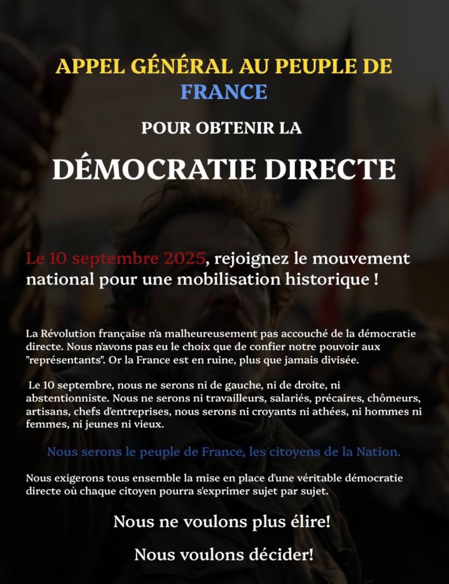 LeDirectInfo's tweet image. 🔴 ALERTE : On commence à voir ceci aussi pour’ le 10 septembre 2025
À vous de relayer l’info et de faire en sorte de rendre cela possible !
#Bayrou #Macron #10septembre2025 #10septembre
Pour suivre l’actualité du mouvement, suivez nous!!!