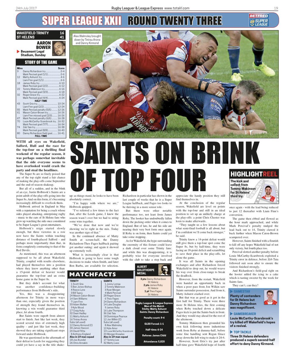 TrinityHeritage's tweet image. 📌 On This Day in History:
🗓️ 23rd July 2017
🏉 Wakefield Trinity 16 St. Helens 41
🏆 Super League
👨👨👧👧 5,824 at Belle Vue
Just don’t lose by 15 points or more and we’re in the top four … but we did ‘a Trinity’ and were hammered by 41-16 slipping outside that top four … it had…