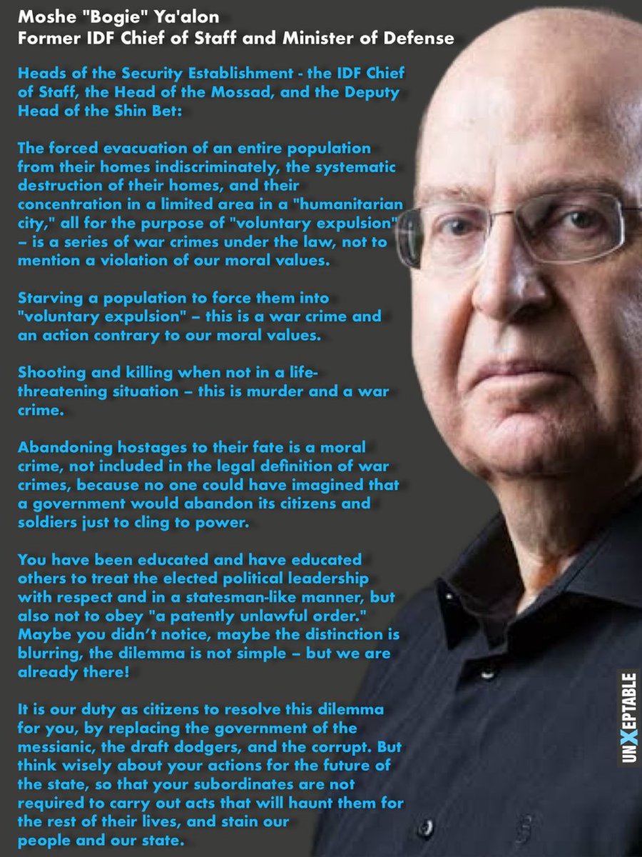 NTarnopolsky's tweet image. 💥Former IDF Chief of Staff Moshe Yaalon warns Israel's serving security chiefs that shooting and killing when life is not in danger, forced evacuation of human populations, systematic destruction of homes, "concentrating" people in a so-called "humanitarian city" are war crimes,…