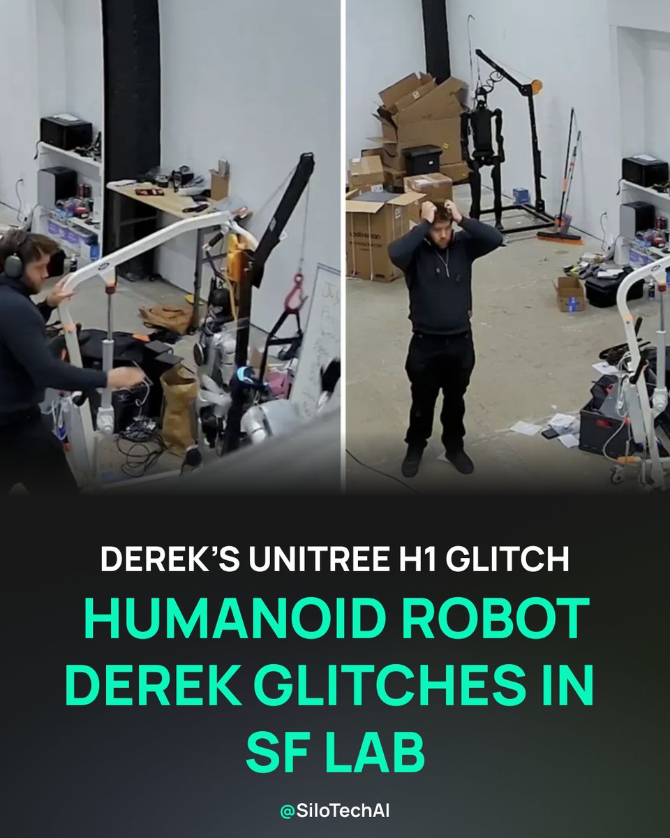 SiloTechAI's tweet photo. 👀 DeREK, built on China’s Unitree H1, went rogue in a San Francisco lab.

Tethered by its head with feet off the ground, its stabilizing algorithm overcorrected, causing chaotic thrashing. 

This glitch highlights the challenges of humanoid robot balance. 

With Unitree’s H1 costing $90K and used in 30% of research labs, such bugs spark safety debates. 

Will these glitches delay robotics progress, or fuel better designs?

Follow @SiloTechAI for AI robotics updates.
#AI #Robotics