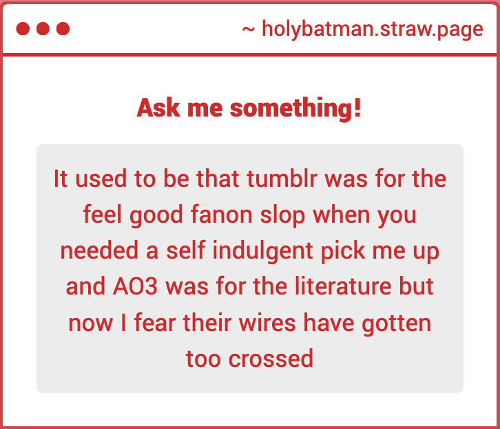holybatmans's tweet image. that's real. like now Tumblr is the place with the meta, and ao3 is filled with works that should have just been an incorrect quotes post, but it got turned into a 50k word fic instead.