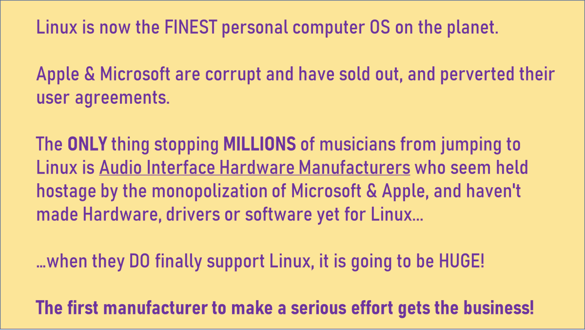 lastdaysguitar's tweet image. HEY!: MANY musicians are leaving Windows OS in October...
@WeAreFocusrite
@solidstatelogic
@AMSNeveLtd
@UAudio
@PreSonus
@AudientWorld
@ProTools
@AntelopeAudio
@ikmultimedia
@ArturiaOfficial
@RME_Americas
...and guess WHERE they are going?