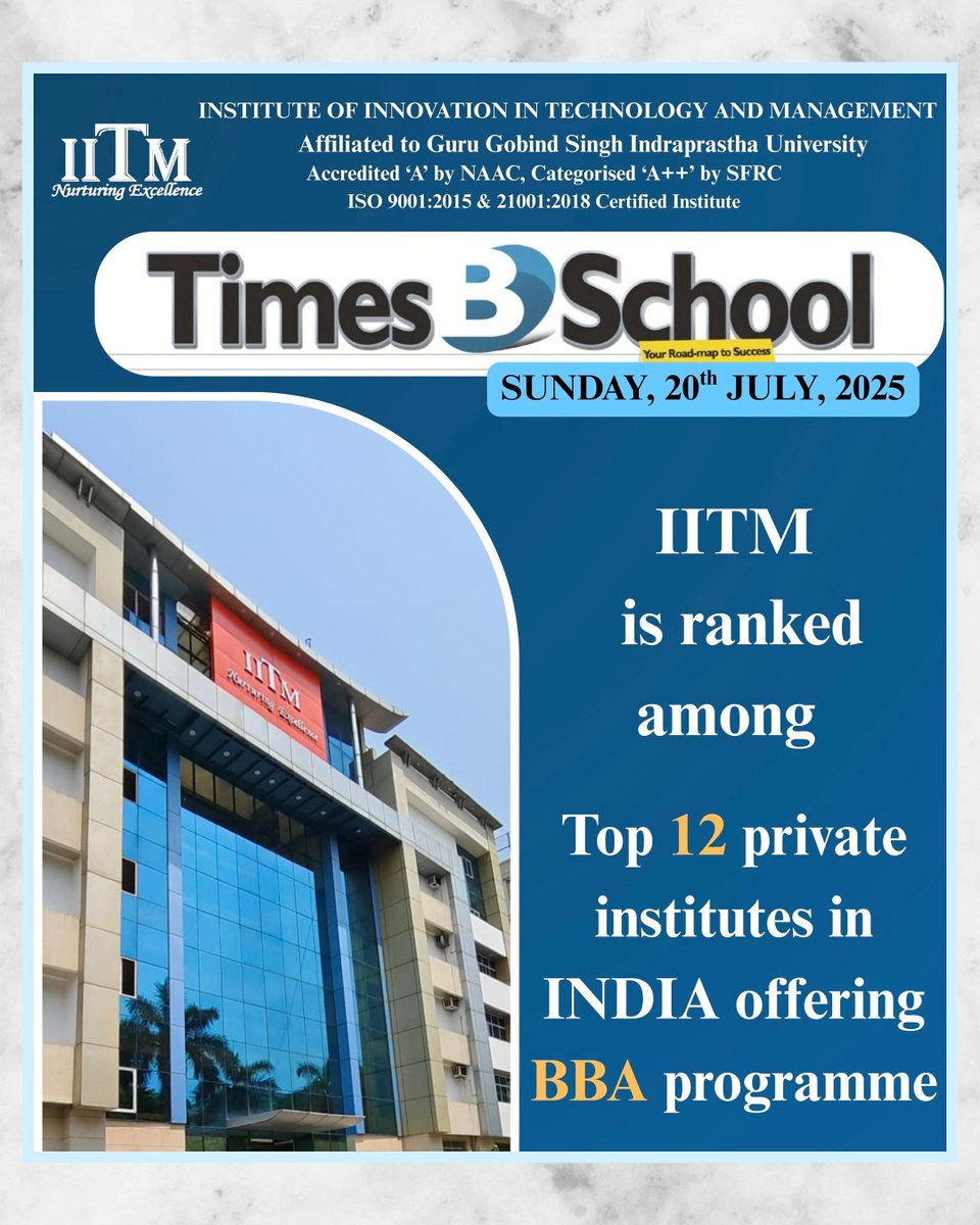 Proud moment! IITM ranks among the Top 12 private institutes in India offering BBA.
#IITMJanakpuri #TimesBSchool2025 #BBAIndia #TopInstitutes #QualityEducation #StudentSuccess #FutureReady #ITTMDelhi #BBAProgram #HigherEducationIndia