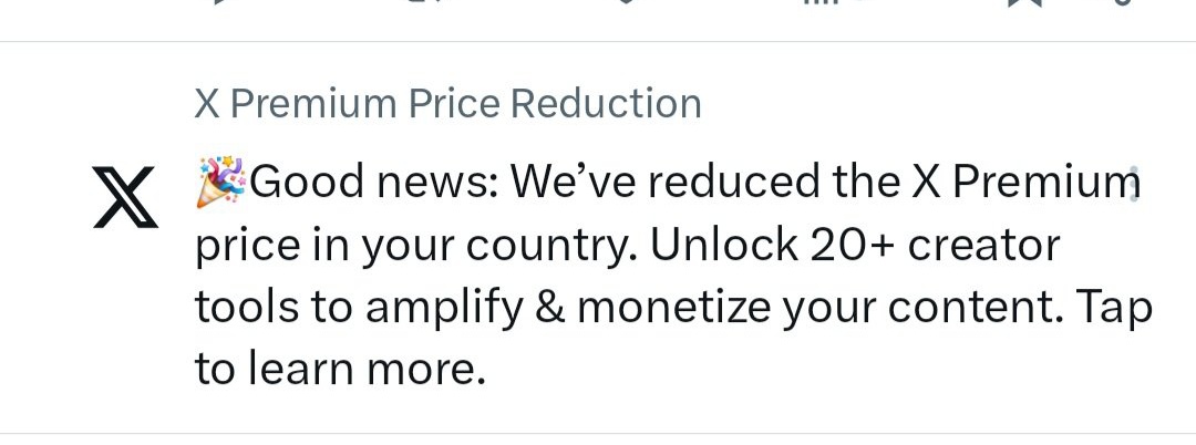 BUCHUBABA's tweet image. 🚀 अब क्रिएटर की उड़ान सस्ती हो गई है!

X Premium की कीमत कम हो गई है मेरे देश में ✨
अब 20+ टूल्स से बना सकते हैं अपना खुद का ब्रांड 💼
📈 कंटेंट बनाओ, लोगों तक पहुँचाओ और कमाओ भी!
#XPremium #CreatorTools #EarnWithX