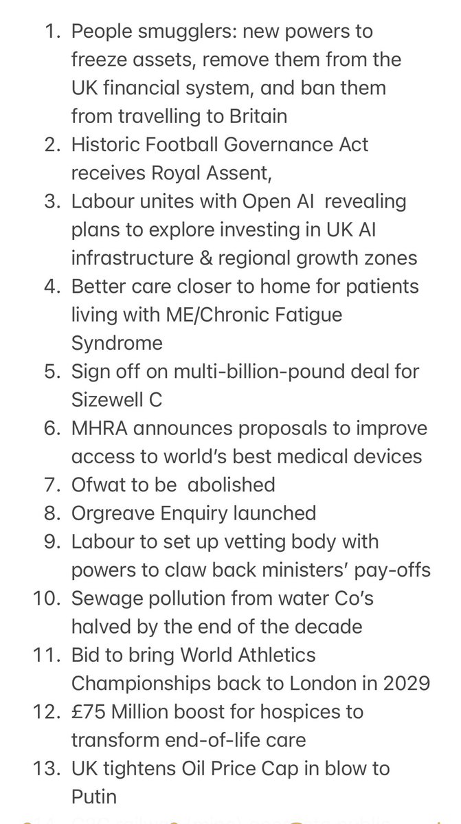 LaindonFEMINIST's tweet image. 13 positive developments in just one week thanks to our industrious Labour government. From further constraining people smuggling to nuclear power to football. Strong focus on better NHS care and hospices too. Share far and wide because you can bet it’s nowhere in our media