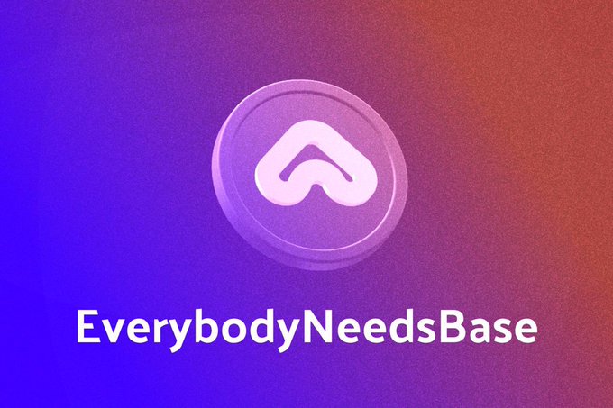 활기찬 보라색에서 주황색 그라데이션 배경의 Everybody Needs Base 토큰 로고