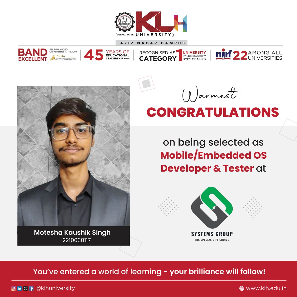 klhuniversity's tweet image. Warmest congratulations to our CSE student on being selected as a Mobile/Embedded OS Developer & Tester at Systems Group. This achievement showcases KLH Aziz Nagar’s commitment to tech education in embedded systems and mobile technologies.
#EmbeddedTech #NextGenDeveloper #KLH