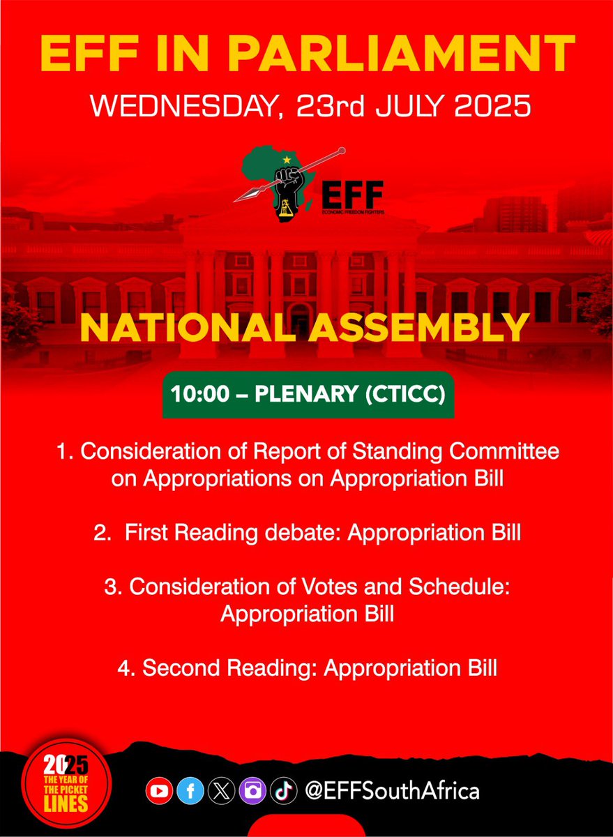 EFFSouthAfrica's tweet image. ♦️Today In Parliament♦️
Parliament Will Today Vote on Appropriations Bill!
The vote will determine how public funds are allocated across government departments and programs for the current financial year. This is a key step in finalizing the national budget, where your…