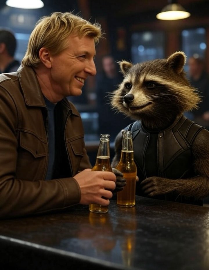 JohnnyLCKai's tweet image. Did someone slip some LSD in my beer because my new drinking buddy is a talking raccoon.
This little fella is hilarious! We’re going to have a few more beers and then he’s going to go knock over Larusso’s trash cans. #JohnnyLawrence #rocketracoon #Marvel #MarvelComics…
