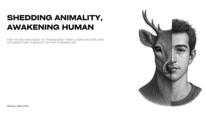 人間と鹿の顔が分割された『動物性を脱ぎ捨て、人間性を目覚めさせる』電子書籍の表紙