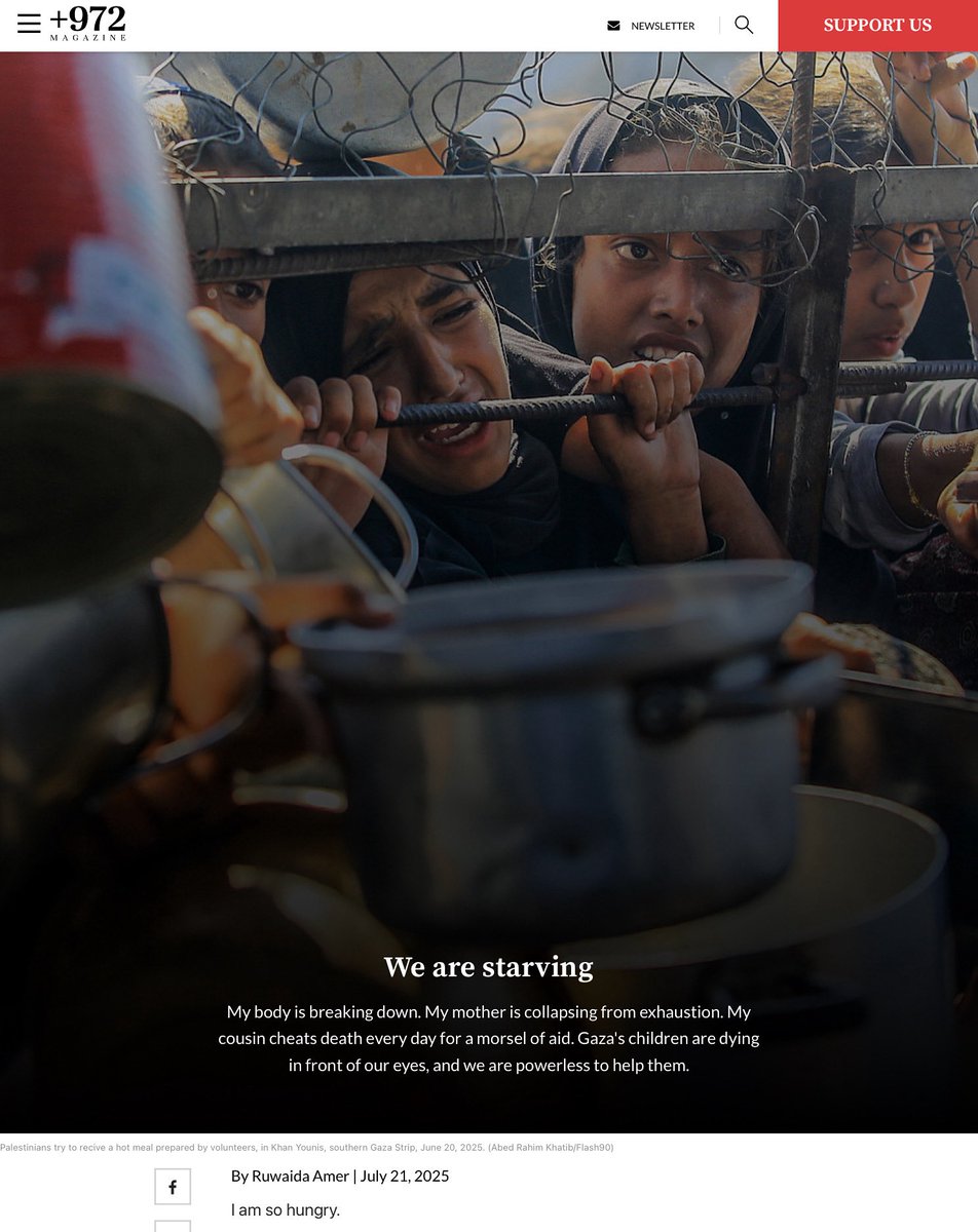 By Ruwaida Amer, July 21, 25, 972 Magazine
I am so hungry. I’ve never meant those words in the way I do now. They carry a kind of humiliation that I can’t fully describe. 
rapereliefshelter.bc.ca/we-are-starvin…
#GazaStarving