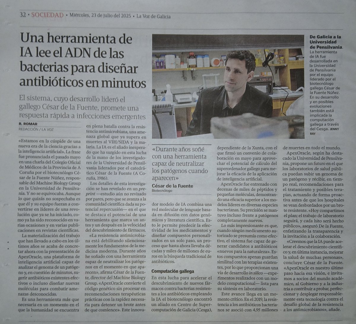 Real Academia Farmacia Galicia (@realacadfarmgal) on Twitter photo Entrevista a nuestro académico <a href="/delafuentelab/">César de la Fuente</a> sobre cómo a partir del ADN de #bacterias se pueden diseñar #antibióticos <a href="/CESGA_/">CESGA</a>
<a href="/AntonioGCaamano/">Antonio Gómez Caamaño</a> <a href="/ACIS_sergas/">Axencia Galega de Coñecemento en Saúde</a> <a href="/BidaFarma/">Bidafarma</a> <a href="/Cofares/">Cofares</a> <a href="/CofanoCoop/">Cofano</a> <a href="/COFCoruna/">COFC</a> <a href="/RAMYCGA/">REAL ACADEMIA DE MEDICINA DE GALICIA</a> <a href="/axenciaGAIN/">Axencia Galega de Innovación</a> <a href="/idis_research/">Instituto de Invest. Sanitaria de Santiago (IDIS)</a> <a href="/SanidadeXunta/">Consellería de Sanidade</a>
<a href="/lavozdegalicia/">La Voz de Galicia</a>
👇👏 Entrevista a nuestro académico <a href="/delafuentelab/">César de la Fuente</a> sobre cómo a partir del ADN de #bacterias se pueden diseñar #antibióticos <a href="/CESGA_/">CESGA</a>
<a href="/AntonioGCaamano/">Antonio Gómez Caamaño</a> <a href="/ACIS_sergas/">Axencia Galega de Coñecemento en Saúde</a> <a href="/BidaFarma/">Bidafarma</a> <a href="/Cofares/">Cofares</a> <a href="/CofanoCoop/">Cofano</a> <a href="/COFCoruna/">COFC</a> <a href="/RAMYCGA/">REAL ACADEMIA DE MEDICINA DE GALICIA</a> <a href="/axenciaGAIN/">Axencia Galega de Innovación</a> <a href="/idis_research/">Instituto de Invest. Sanitaria de Santiago (IDIS)</a> <a href="/SanidadeXunta/">Consellería de Sanidade</a>
<a href="/lavozdegalicia/">La Voz de Galicia</a>
👇👏