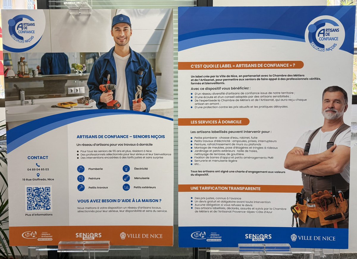 hervecael's tweet image. La Ville de Nice et la Chambre de Métiers et de l’Artisanat lancent officiellement le label « Artisans confiance seniors ». Ce dispositif, issu de la concertation « Ville amie des aînés » et soutenu par la labellisation Or de l’OMS, vise à encadrer les petites interventions à…