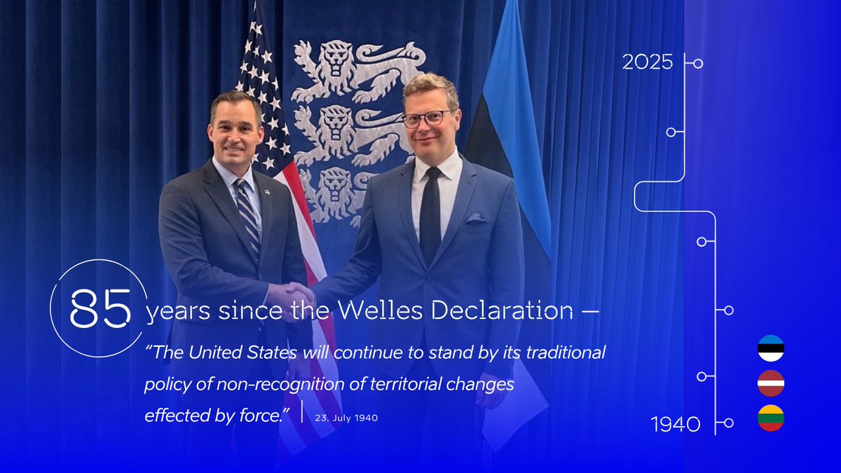 MFAestonia's tweet image. #OTD 85 years ago, the U.S. issued the Welles Declaration, refusing to recognize the USSR's illegal annexation of Estonia, Latvia & Lithuania.
On the anniversary, Undersecretary @martinrogerEE & @USEmbTallinn CDA Matt Wall met to reflect on its enduring legacy.
🇪🇪🤝🇺🇸