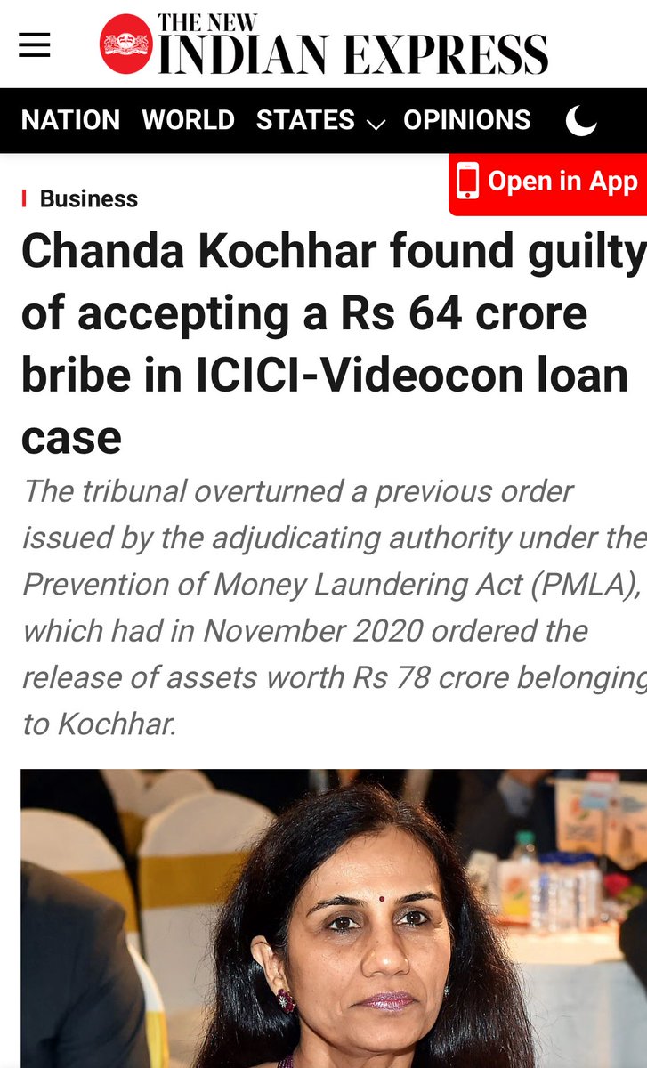 DrGauravGarg4's tweet image. A brilliant woman undone by greed.
The Appellate Tribunal under the Smugglers and Foreign Exchange Manipulators (Forfeiture of Property) Act (SAFEMA) has found former ICICI Bank CEO Chanda Kochhar guilty of accepting a Rs 64 crore bribe in exchange for sanctioning a ₹300 crore…