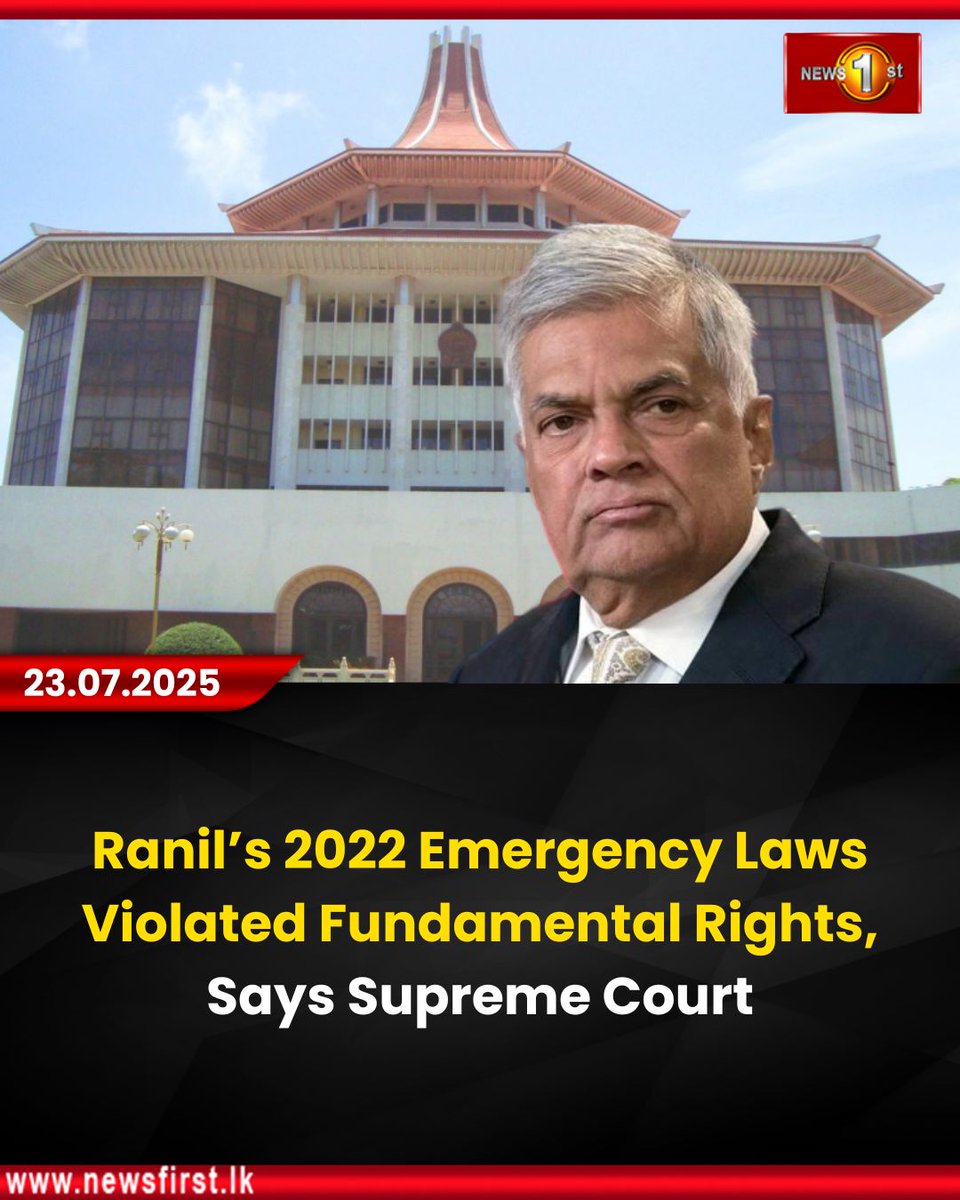 NewsfirstSL's tweet image. Ranil’s 2022 Emergency Laws Violated Fundamental Rights, Says Supreme Court
Details: english.newsfirst.lk/2025/07/23/ran…
#news #newsfirst #news1st #newsupdate #newsfirstEnglish #latestupdate #SupremeCourt #RanilWickremesinghe #Aragalaya #FundamentalRights #PublicSecurityOrdinance