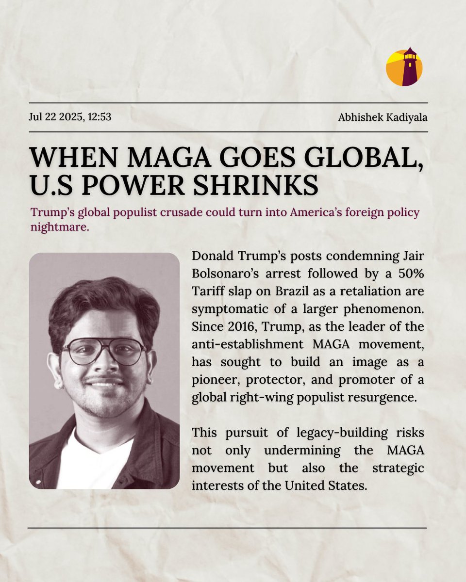 TakshashilaInst's tweet image. Abhishek Kadiyala (@AbhishekSocials) writes for @StratNewsGlobal on how Trump’s global MAGA project weakens US power.
Trump’s bid to lead the global right is eclipsing America’s strategic priorities. As alliances fray and MAGA politics infect diplomacy, US credibility takes a…