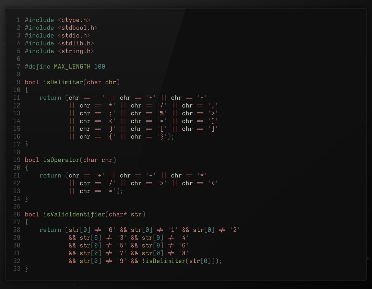 _trish_xD's tweet image. Build a lexical analyzer in C
- tokenizes into keywords, identifiers, integers & operators
- handles delimiters and validates identifiers
- recognizes all 32 C keywords
- processes expressions like "int x=ab+bc+30+switch+ 0y"
source code: github.com/dexter-xD/proj…