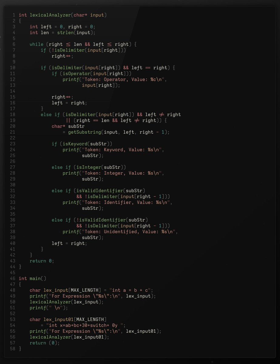 _trish_xD's tweet image. Build a lexical analyzer in C
- tokenizes into keywords, identifiers, integers & operators
- handles delimiters and validates identifiers
- recognizes all 32 C keywords
- processes expressions like "int x=ab+bc+30+switch+ 0y"
source code: github.com/dexter-xD/proj…