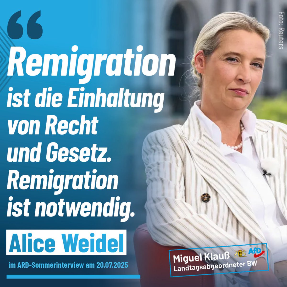 erdbeerbuegler's tweet image. Klartext gestern von Alice Weidel im #Sommerinterview:
»Remigration ist die Einhaltung von Recht und Gesetz. Remigration ist notwendig.«
