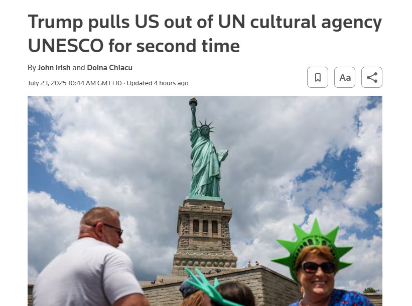 timand2037's tweet image. Trump pulls the USA out of UNESCO for the second time, calling the UN body for education, science and culture "woke" and "divisive" and having an anti-Israel and pro-China agenda. The Israelis have objected to the admission of Palestine as a member.
reuters.com/world/trump-pu…