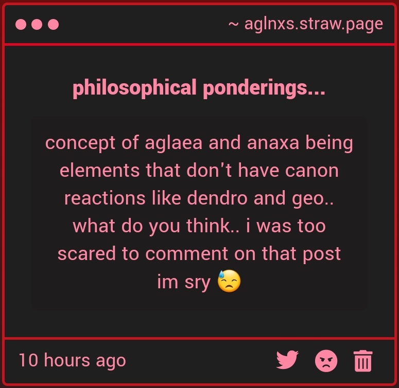 aglnxs's tweet image. i could definitely see anaxa as dendro, aglaea as geo is pretty plausible too.. they don't need elemental reactions when their reaction to eachother is enough to give you permanent damage