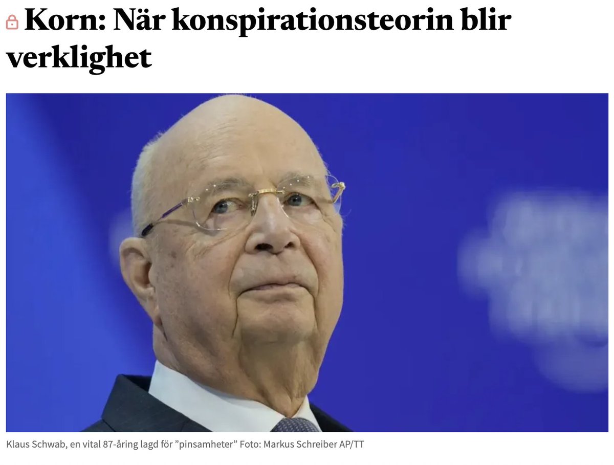 Bulletin_Nu's tweet image. "Kring WEF och Klaus Schwab har genom årens lopp en mängd konspirationsteorier spunnits. Efter söndagens avslöjande har flera politiker och kommentatorer sagt att fantasierna blivit verklighet." bulletin.nu/korn-nar-konsp…