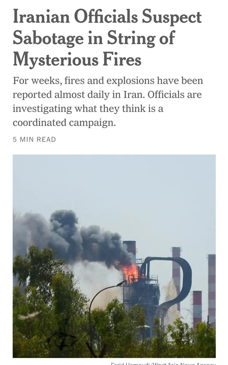 AmichaiStein1's tweet image. ניו יורק טיימס: גורמים רשמיים באיראן מאמינים כי ישראל קשורה לפיצוצים המסתוריים בשבועיים האחרונים באיראן אך נמנעת מלהאשים את ישראל מחשש שתצטרך להגיב
