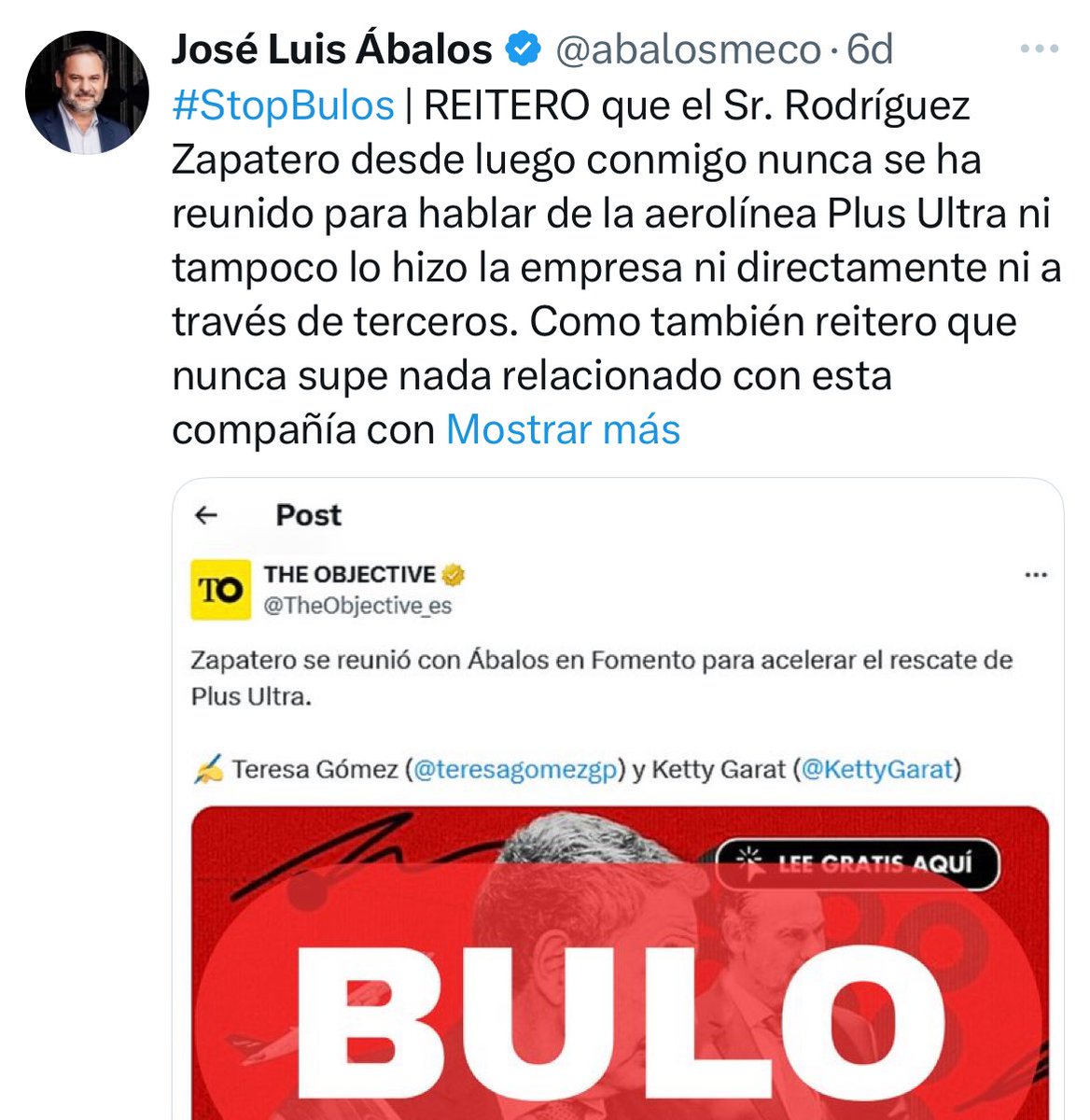 alvaronieto's tweet image. Veamos en solo dos pantallazos la calaña de un señor llamado José Luis Ábalos… Hace seis días decía que era un bulo nuestra exclusiva sobre su reunión con ZP para hablar de Plus Ultra. Hoy la confirma él mismo en El Confidencial. Una vez más, THE OBJECTIVE por delante.