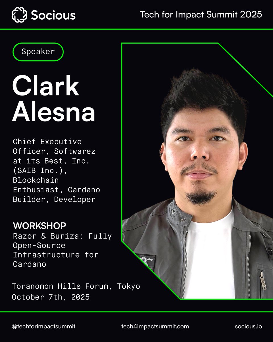 T4ISummit's tweet image. 🎤 Razor & Buriza – Fully Open-Source Infrastructure for Cardano
Meet Clark Alesna, CEO of SAIB Inc. and builder of Razor & Buriza for Cardano, at TechForImpactSummit 2025!
🎟 Get your ticket: tech4impactsummit.com/tickets
#Socious #TechForImpactSummit #Cardano #Web3 #OpenSourceTech