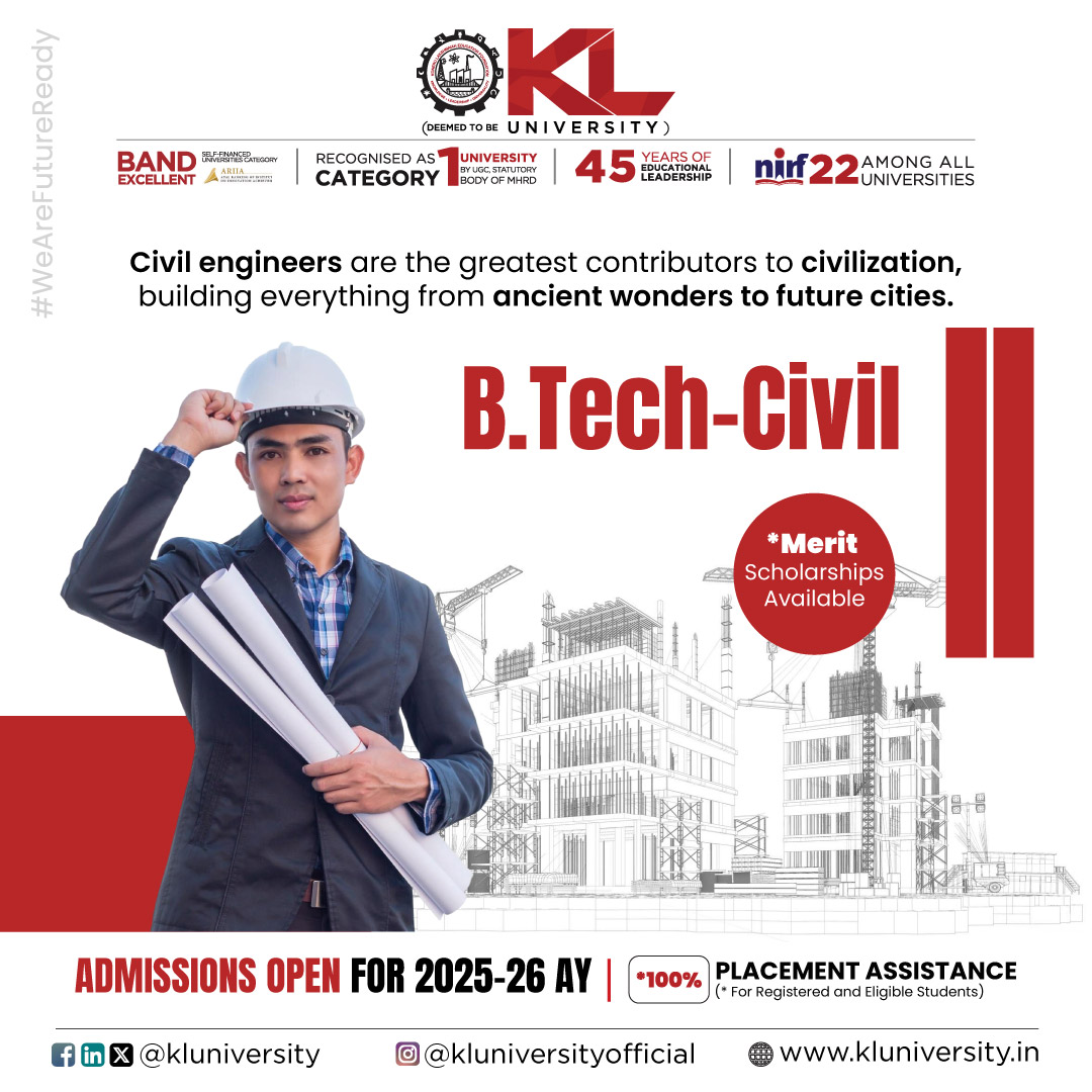 kluniversity's tweet image. Our B.Tech Civil program empowers you to design, construct, and manage essential infrastructure. Master modern techniques, sustainable practices, and shape the cities of tomorrow. 

kluniversity.in/admissions-202…

#KLU #btechcivil #btechadmissions