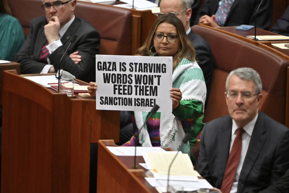 Penny Wong has moved a censure motion against Mehreen Faruqi for holding up this sign in Parliament.

The ALP sink deeper and deeper into genocide complicity.