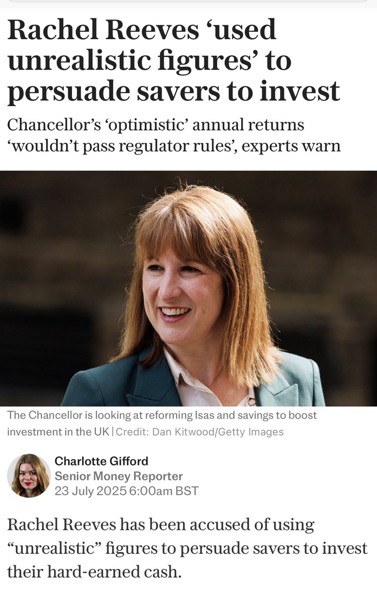 exRAF_Al's tweet image. Rachel Reeves wanted our OAPs to switch from a cash ISA to an investment one. Her numbers it seems, were based on pensioners making 10.3% each and every year. Bernie Madoff only promised 8% ffs, the foul woman is worse than him. Words by @_StevenCameron.
telegraph.co.uk/money/investin…