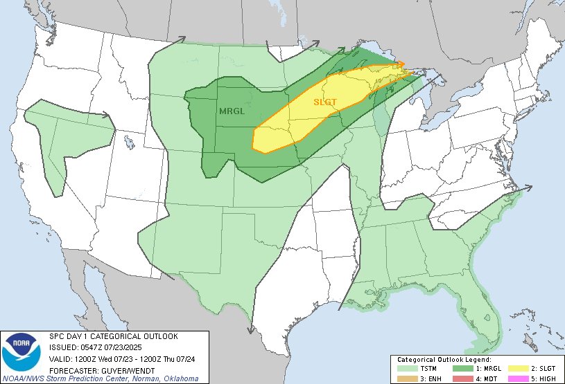 NWSSPC's tweet image. 12:49am CDT #SPC Day1 Outlook Slight Risk: across the Middle Missouri Valley/Upper Midwest to Upper Michigan spc.noaa.gov/products/outlo…