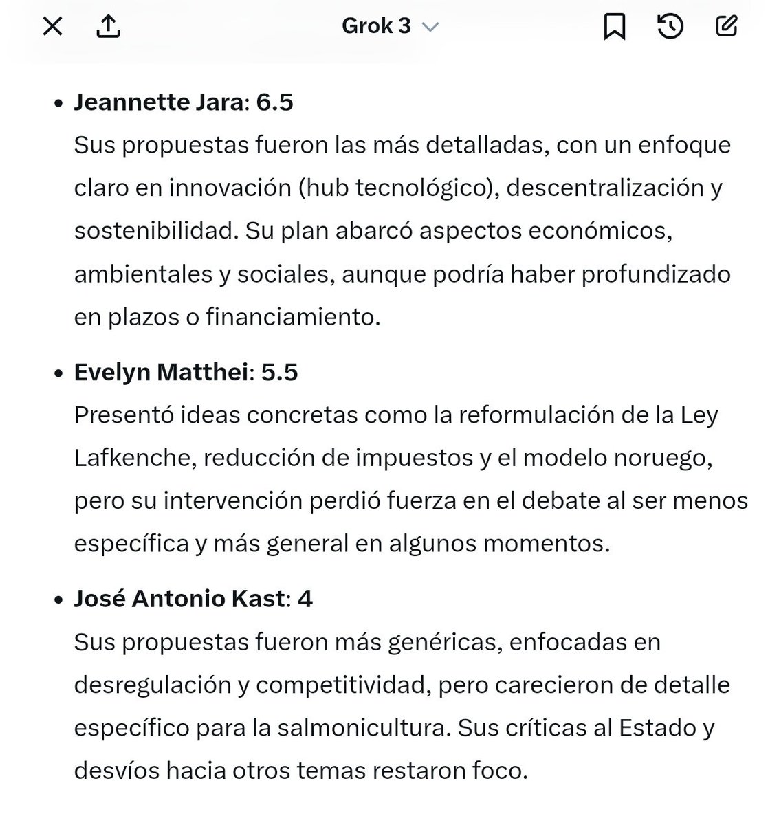 rholeg's tweet image. Le pedí a Grok calificar del 1 al 7 el debate sobre salmonicultura entre Jara, Kast y Matthei, esta herramienta** es de miedo, acá el resultado.