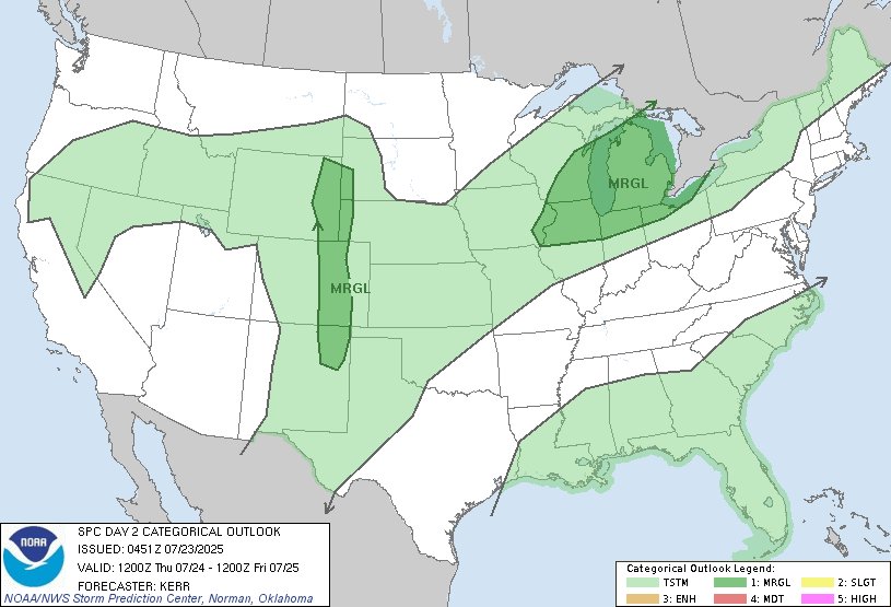 NWSSPC's tweet image. 12:49am CDT #SPC Day2 Outlook Marginal Risk: Thursday into Thursday evening across parts of eastern Iowa northern Illinois southeastern Wisconsin northern Indiana northwestern Ohio Lower Michigan parts of eastern Wyoming southwest... spc.noaa.gov/products/outlo…