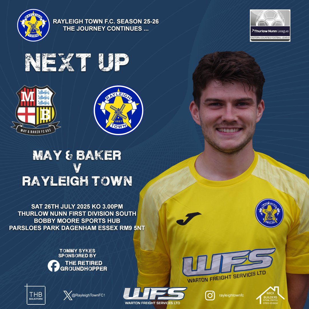 RayleighTownFC1's tweet image. 🔵 25/26 SEASON OPENER 🔵
We open our Thurlow Nunn Division One South 2025/26 campaign with a trip to East London this Saturday to take on @MayBakers at Parsloes Park Dagenham RM9 5NT.
Kick Off 3pm