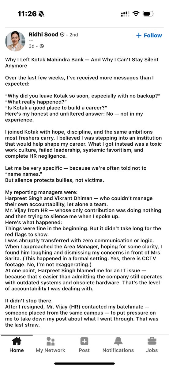 divya_gandotra's tweet image. Dear @KotakBankLtd & Mr. @udaykotak,
You market yourselves as “a great place to work,” but this testimony by a former employee exposes toxic managers, HR bullying, favoritism, and pressure to stay silent.
👉 Silence isn’t professionalism. It’s cowardice.
👉 Accountability isn’t…