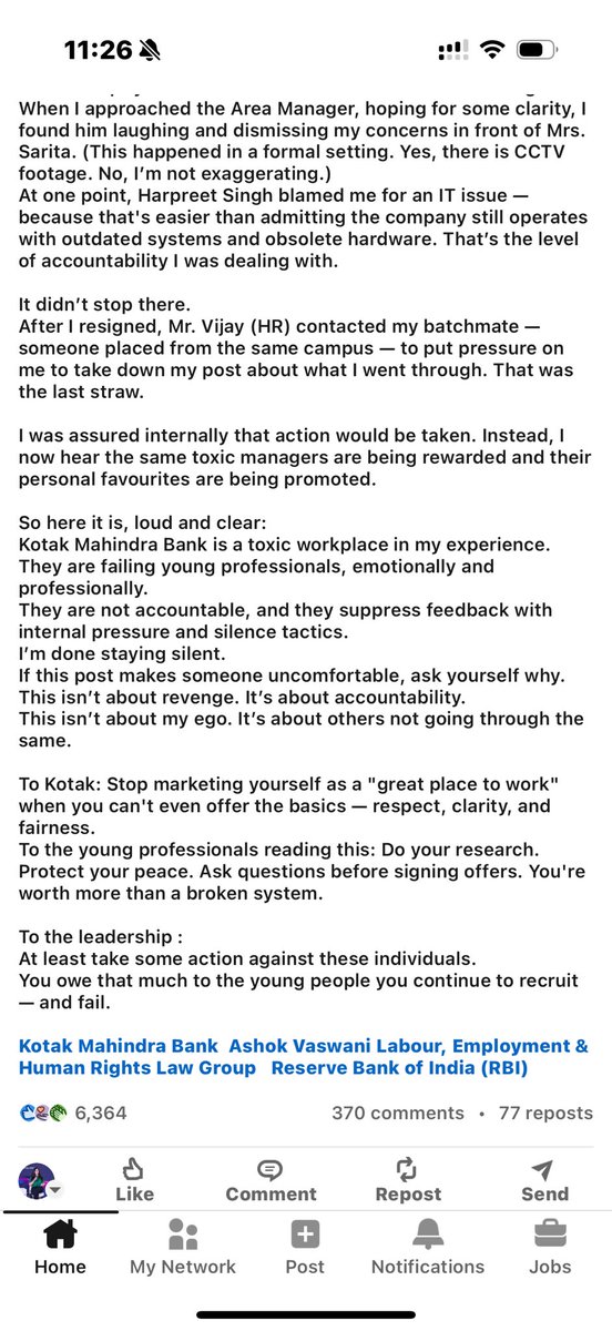 divya_gandotra's tweet image. Dear @KotakBankLtd & Mr. @udaykotak,
You market yourselves as “a great place to work,” but this testimony by a former employee exposes toxic managers, HR bullying, favoritism, and pressure to stay silent.
👉 Silence isn’t professionalism. It’s cowardice.
👉 Accountability isn’t…