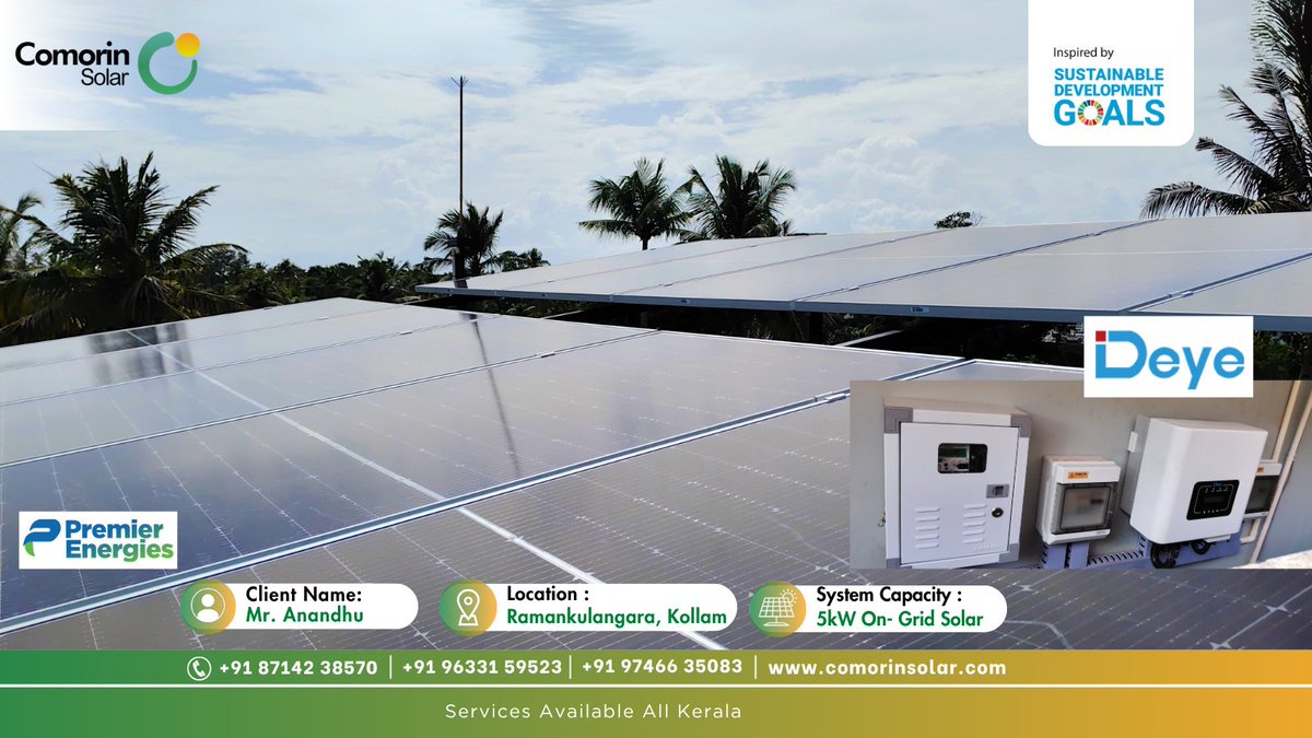COMORINSOLAR1's tweet image. Customer Name : Mr. Anandhu, Ramankulangara, Kollam 
👉 Project Specification — 5KW On-Grid Solar Plant
👉 Inverter —  Deye New Energy Inverter
👉 Solar Panel — Premier Energies 540Wp Panel 

#energy #EnergyStorage #netzero #solarpower #solarsystem #ClimateAction #Kerala
