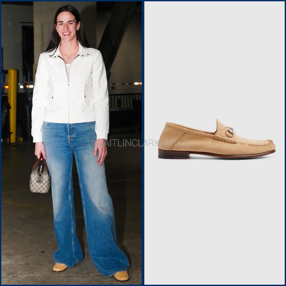 caitlinclarksty's tweet image. July 22, 2025: @CaitlinClark22 at Fever vs Liberty | Brooklyn, New York | wearing @gucci Women's Gigi loafer. Shop: $1050 go.shopmy.us/p-21642787 #guccipartner
Caitlin hit the tunnel and sidelines in soft suede Gigi loafers, finished with Gucci’s classic Horsebit hardware.